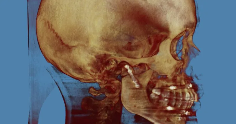 3D CT scan of skull in profile with golden-brown tones, visible teeth, blue background