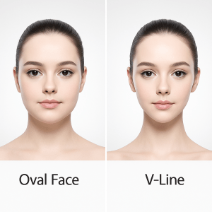 Frontal facial comparison: Oval Face and V-Line labels, two female faces